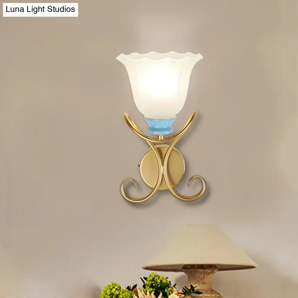 1-Light Frosted Glass Wall Sconce With Twisted Arm - Country Black/Gold Flared Corridor Lighting