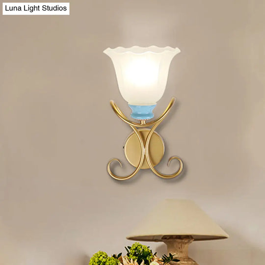 1-Light Frosted Glass Wall Sconce With Twisted Arm - Country Black/Gold Flared Corridor Lighting