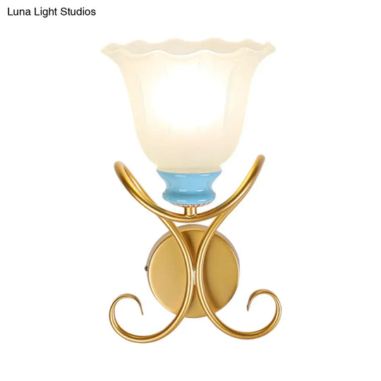 1-Light Frosted Glass Wall Sconce With Twisted Arm - Country Black/Gold Flared Corridor Lighting