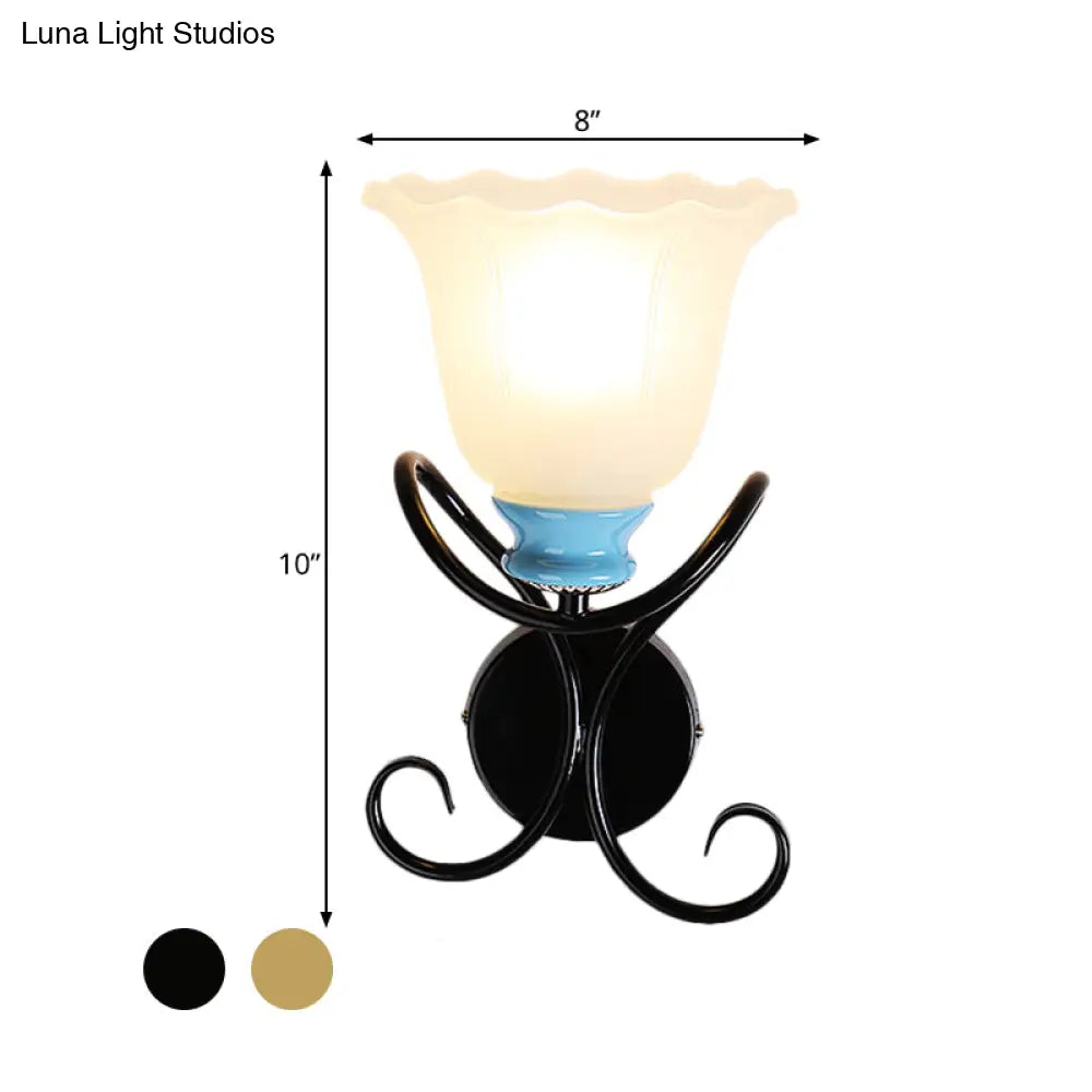 1-Light Frosted Glass Wall Sconce With Twisted Arm - Country Black/Gold Flared Corridor Lighting