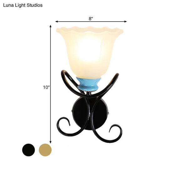 1-Light Frosted Glass Wall Sconce With Twisted Arm - Country Black/Gold Flared Corridor Lighting