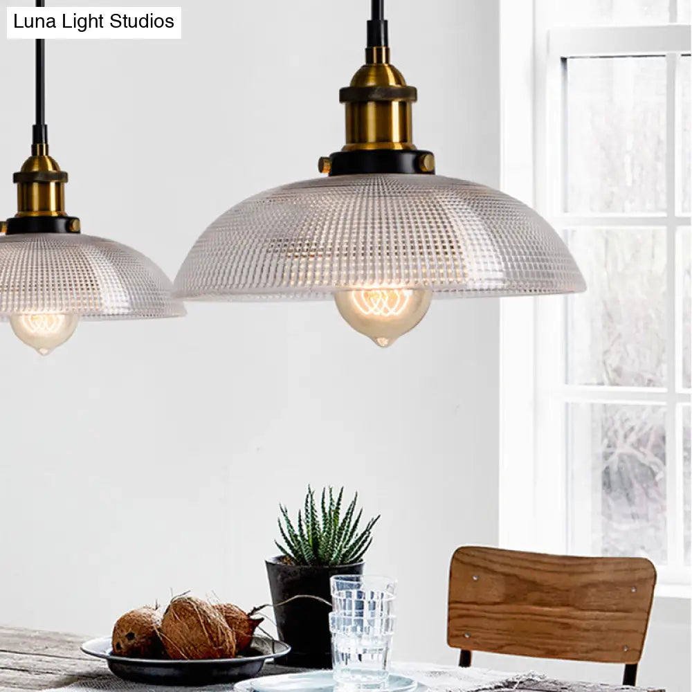 1-Light Grid Glass Ceiling Light With Brass Bowl Shade Perfect For Industrial Kitchen Décor /