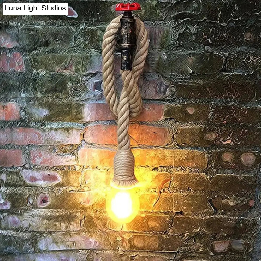1-Light Industrial Faucet Wall Light Fixture With Hemp Rope For Wine Bar