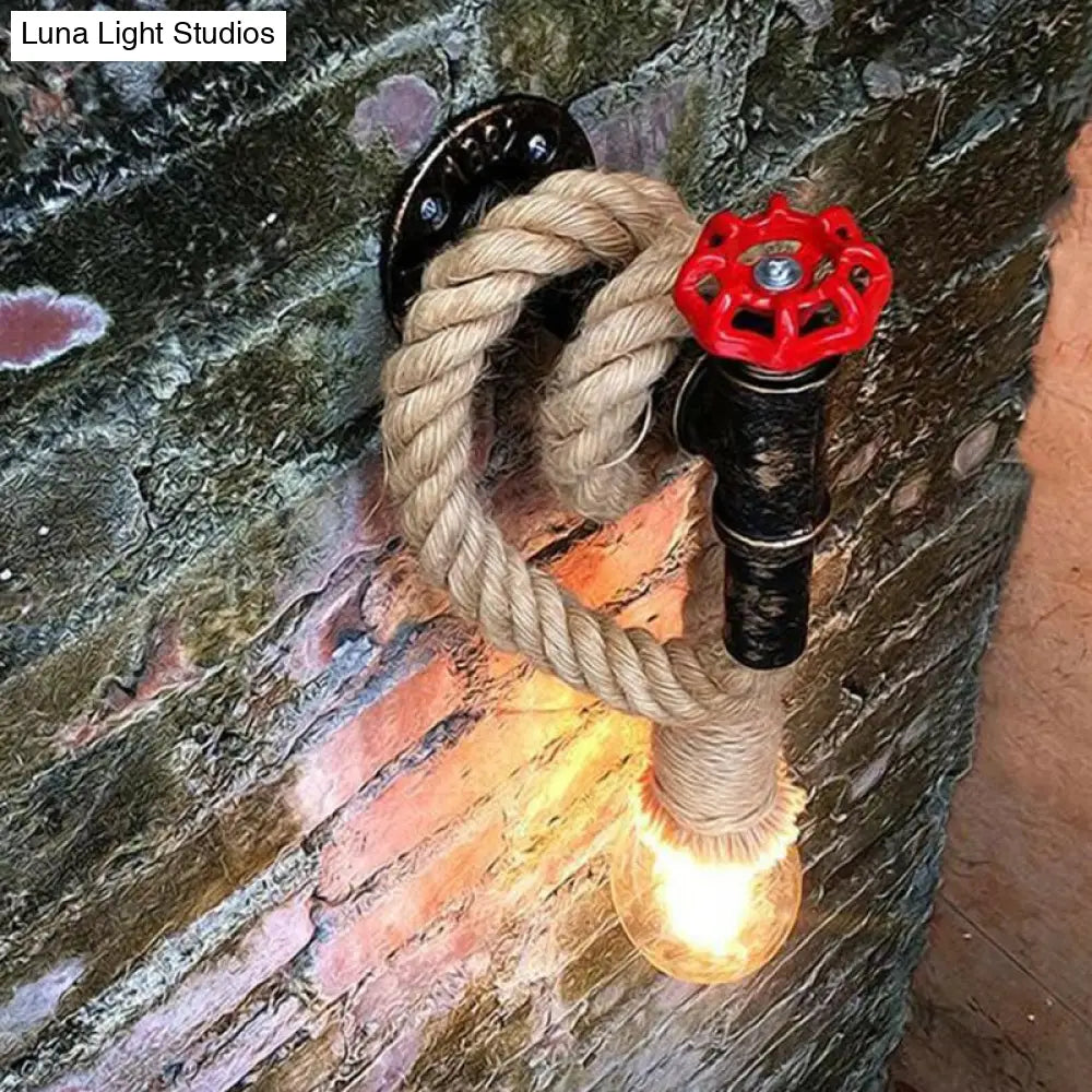 1-Light Industrial Faucet Wall Light Fixture With Hemp Rope For Wine Bar