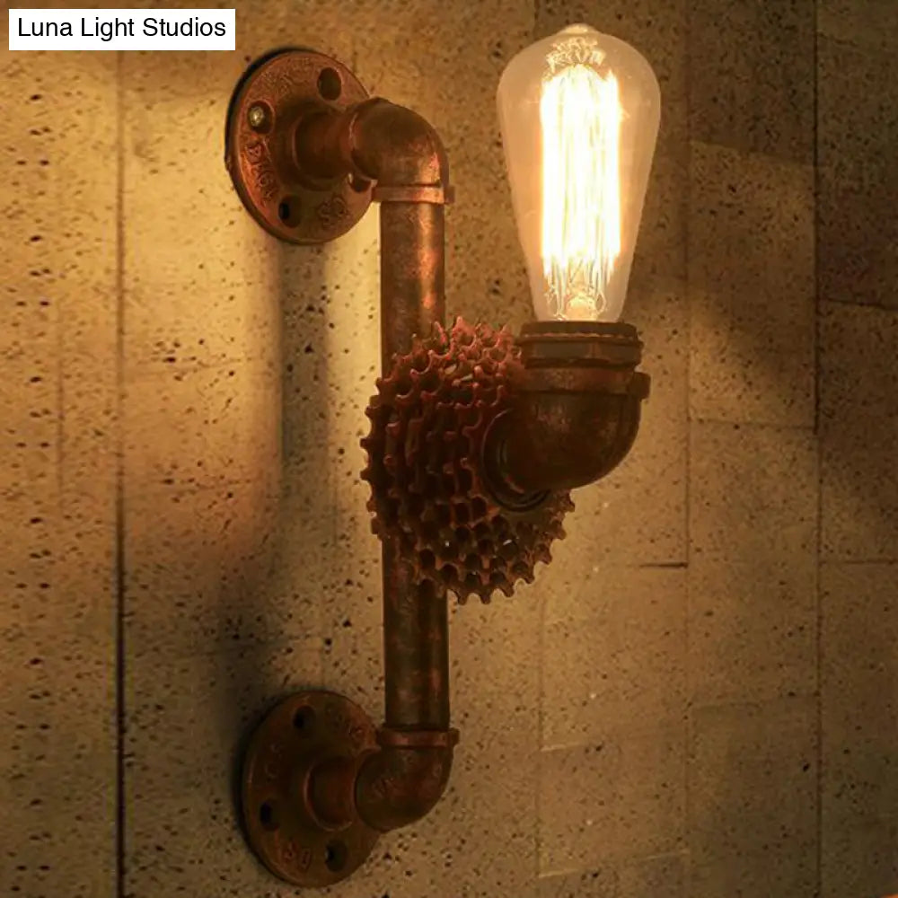 1-Light Industrial Weathered Copper Wall Lamp Sconce With Exposed Gear - Indoor Metal Light Fixture