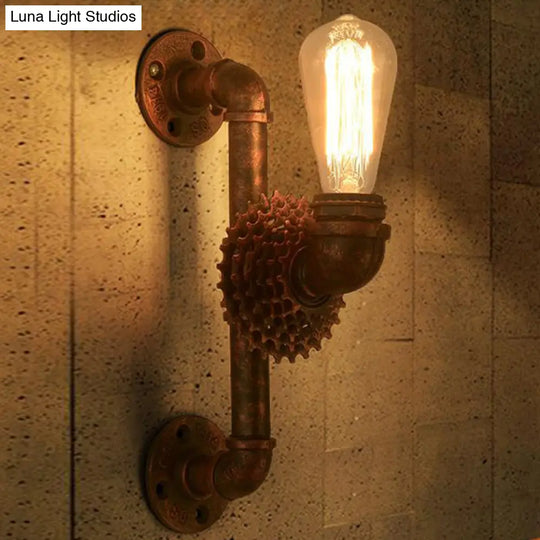 1-Light Industrial Weathered Copper Wall Lamp Sconce With Exposed Gear - Indoor Metal Light Fixture
