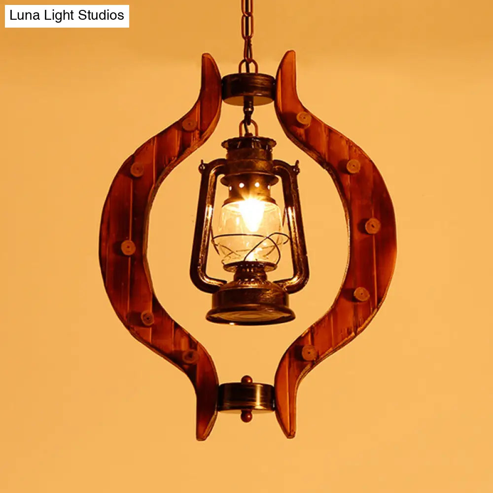 Lantern Iron Hanging Pendant Lamp With Clear Glass And Wood Frame - 1 Light Warehouse Brass Finish