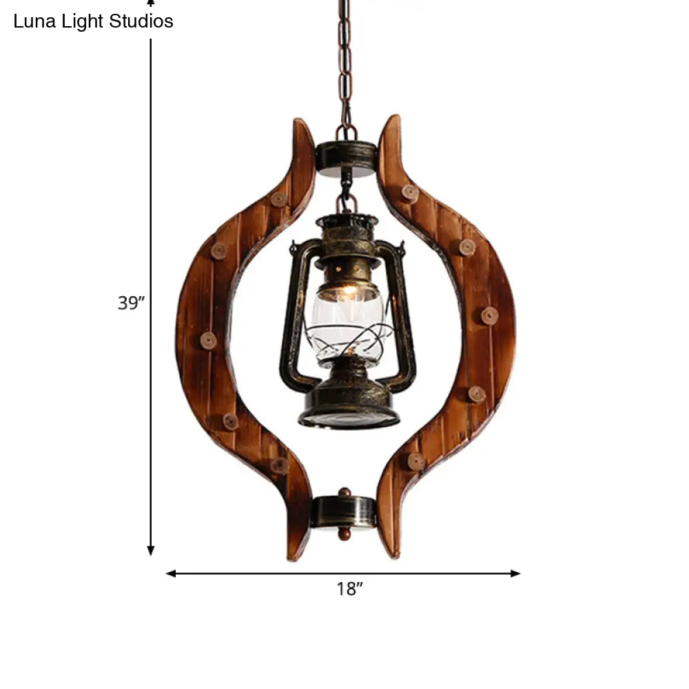 Lantern Iron Hanging Pendant Lamp With Clear Glass And Wood Frame - 1 Light Warehouse Brass Finish