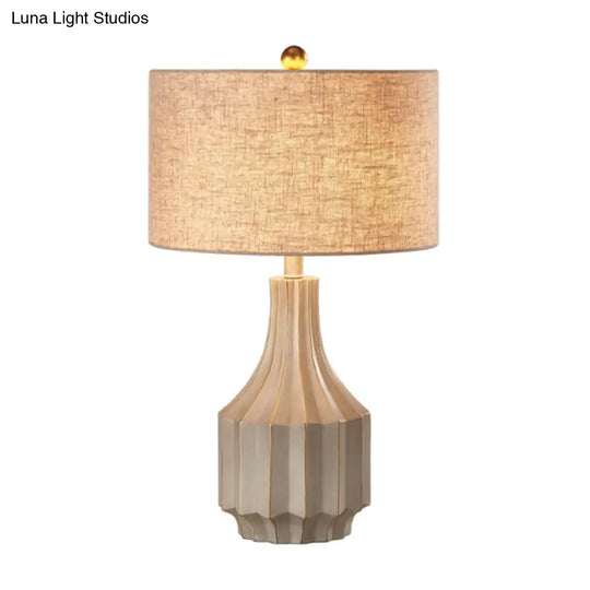 1-Light Lodge Beige/White Fabric Table Lamp With Pot Base - Perfect For Bedroom Nightstands