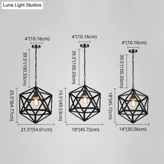 1-Light Retro Industrial Pendant Ceiling Light With Prism Cage And Metallic Finish