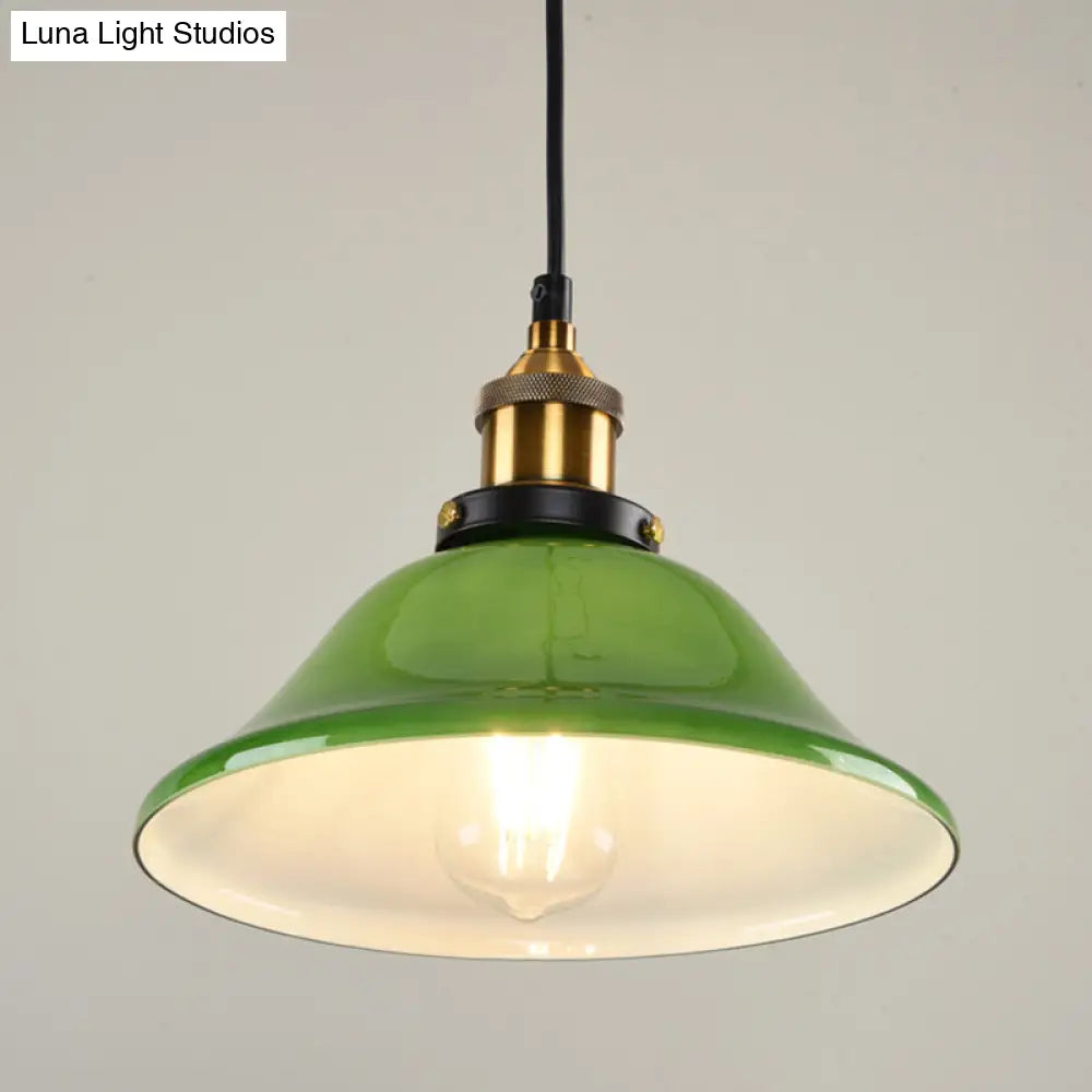 1-Light Vintage Brass Green Glass Pendant Hanging Light Fixture 8’/10’ Width – Perfect For