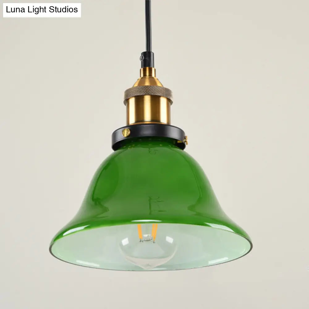 1-Light Vintage Brass Green Glass Pendant Hanging Light Fixture 8’/10’ Width – Perfect For