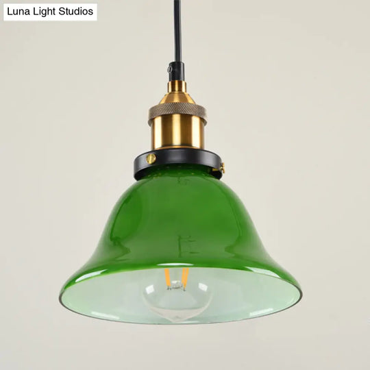 1-Light Vintage Brass Green Glass Pendant Hanging Light Fixture 8’/10’ Width – Perfect For