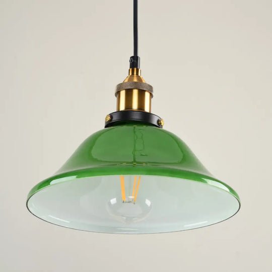 1-Light Vintage Brass Green Glass Pendant Hanging Light Fixture 8’/10’ Width – Perfect For