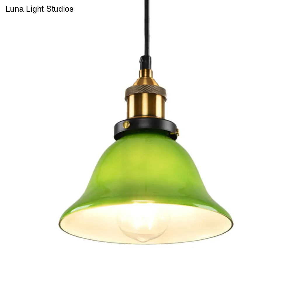 Vintage Brass Green Glass Carillon Pendant Light Fixture - 1-Light Suspension For Guest Room 8/10