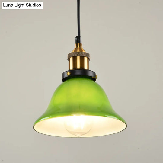 Vintage Brass Green Glass Carillon Pendant Light Fixture - 1-Light Suspension For Guest Room 8/10