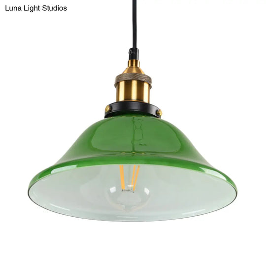 1-Light Vintage Brass Green Glass Pendant Hanging Light Fixture 8’/10’ Width – Perfect For