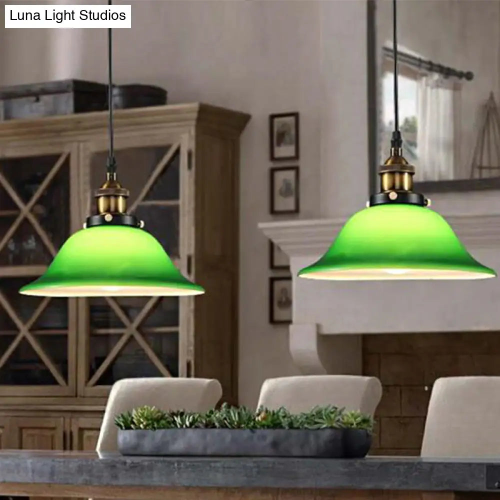 1-Light Vintage Brass Green Glass Pendant Hanging Light Fixture 8’/10’ Width – Perfect For