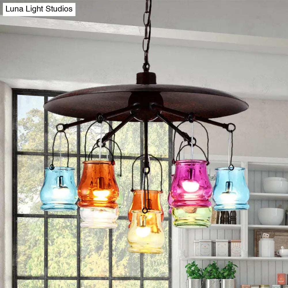 10-Head Industrial Can Pendant Chandelier With Colorful Glass In Black/Rust/Gold Rust