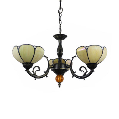 Vintage Stained Glass Pendant Light For Dining Room - Beige Bowl Design With 3 Lights