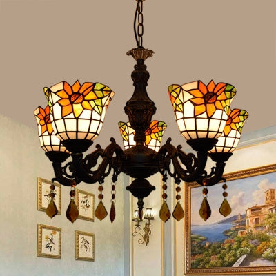 Sunflower Stained Glass Chandelier With 5 Lights - Decorative Suspension Light Yellow