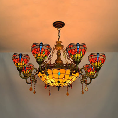 Multicolor Stained Glass Bowl-Shaped Hanging Light: Rustic 9-Light Chandelier With Crystal - Ideal