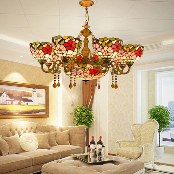 Rustic Stained Glass Inverted Chandelier With Scalloped Shade And Flower Pattern - 9 Lights For