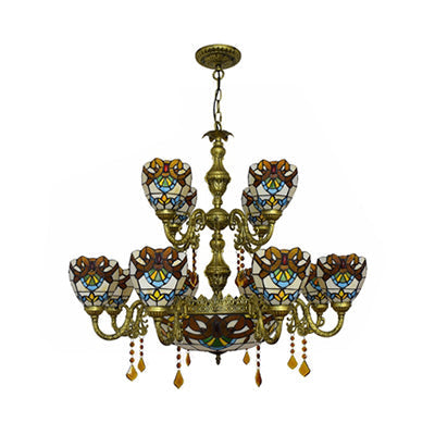 Victorian Stained Glass Crystal Chandelier Light - 15-Lights Domed Hanging Lamp In Brown Ideal For
