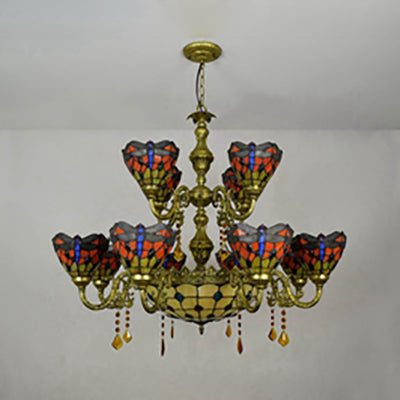 Tiffany Style Dragonfly Stained Glass Dome Hanging Lamp - 13 Lights Inverted Chandelier For Living