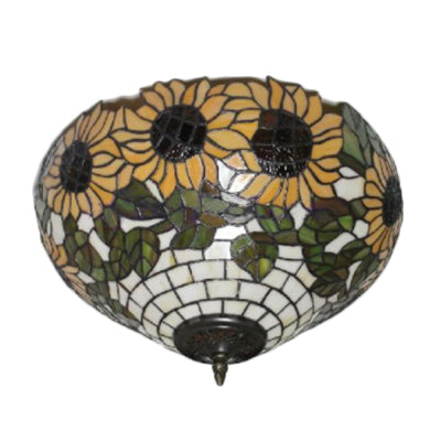 Stained Glass Sunflower Pattern Ceiling Light Fixture – Elegant Tiffany Style With 2 Flushmount
