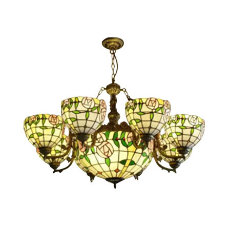 Vintage Stained Glass Chandelier - 8 Arm Industrial Pendant With Center Bowl Ideal For Dining Room