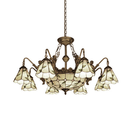 Tiffany 11-Light Stained Glass Cone Chandelier With Yellow Pendant