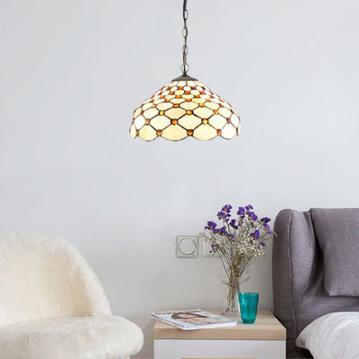 Tiffany Multicolored Stained Glass Dome Pendant Light: White Single Bulb Hanging Lamp For Living