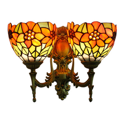 Rustic Sunflower Stained Glass Wall Sconce With 2 Lights - Orange Bowl-Shaped Lighting