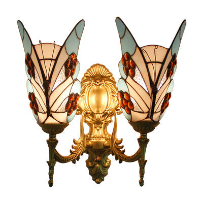 Blue Tiffany Style Butterfly Wall Sconce With Stained Glass - 2-Light Fixture For Bedroom