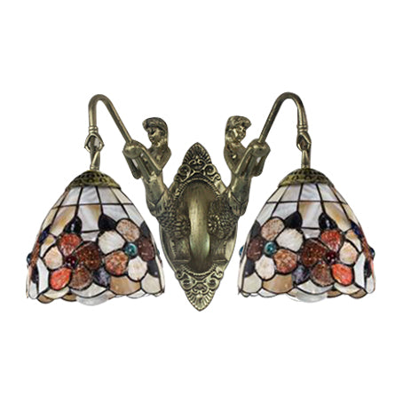 Victorian Beige Petal Wall Mount Light - 2 Heads Multicolor Shell Sconce With Mermaid Backplate
