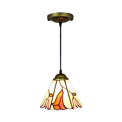 Tapered Orange Pink Stained Glass Pendant Light - Baroque Style Dining Room Fixture