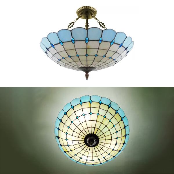 Antique Copper Tiffany Style Bedroom Ceiling Light - 4-Light Domed Semi Flush Mount With Glass