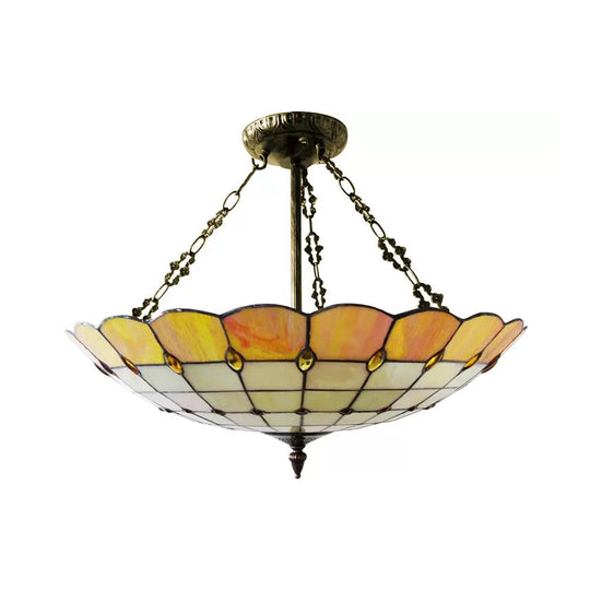 Antique Copper Tiffany Style Bedroom Ceiling Light - 4-Light Domed Semi Flush Mount With Glass