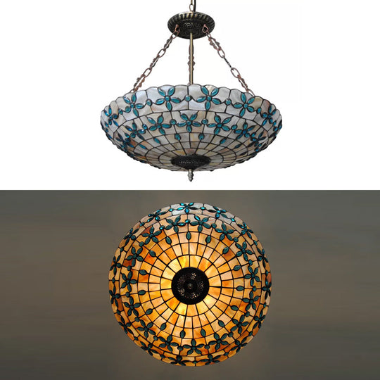 5-Light Stained Glass Dome Semi Flush Ceiling Light In Antique Brass - Tiffany Style For Bedroom