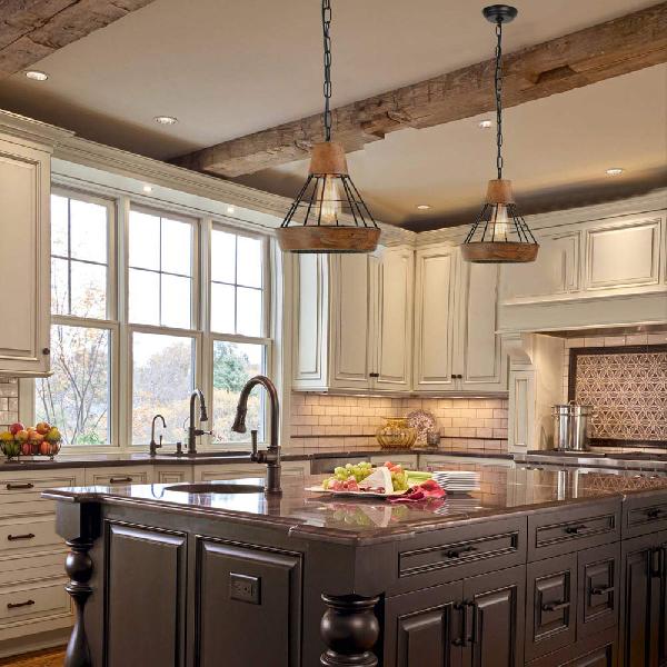 Rustic Diamond Cage Pendant Lamp - Wood And Metal Single Light For Kitchen