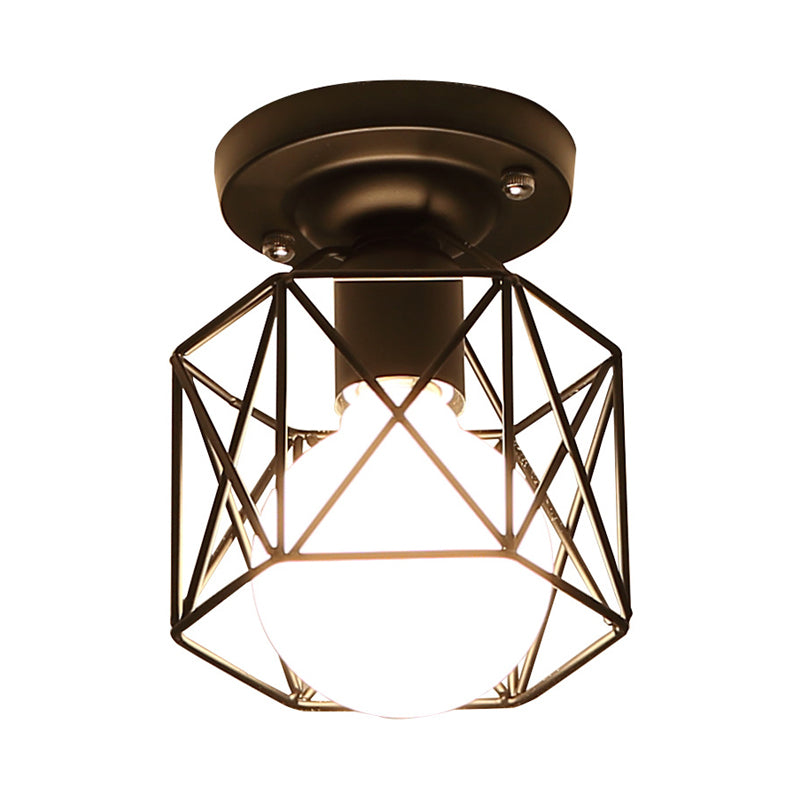 Modern Iron Black Hexagon Cage Flush Mount Kitchen Lighting - 1 Bulb Flushmount Ceiling Lamp