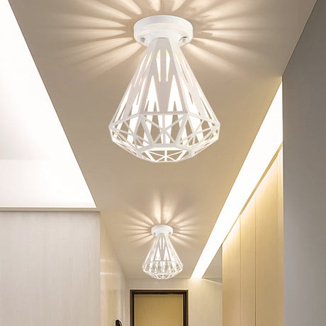 Simple Small Diamond Cage 1-Light Flush Mount Iron Ceiling Light In Black/White White