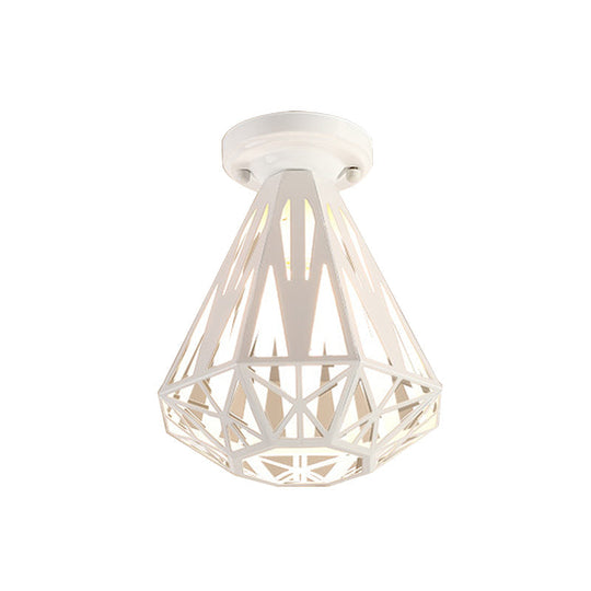 Simple Small Diamond Cage 1-Light Flush Mount Iron Ceiling Light In Black/White