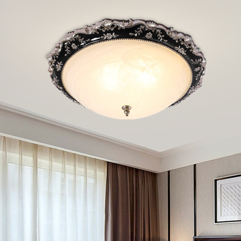 Opal Glass Bowl Ceiling Light Fixture Countryside Flush Mount Lighting In Black/Gold - 1/2-Bulb
