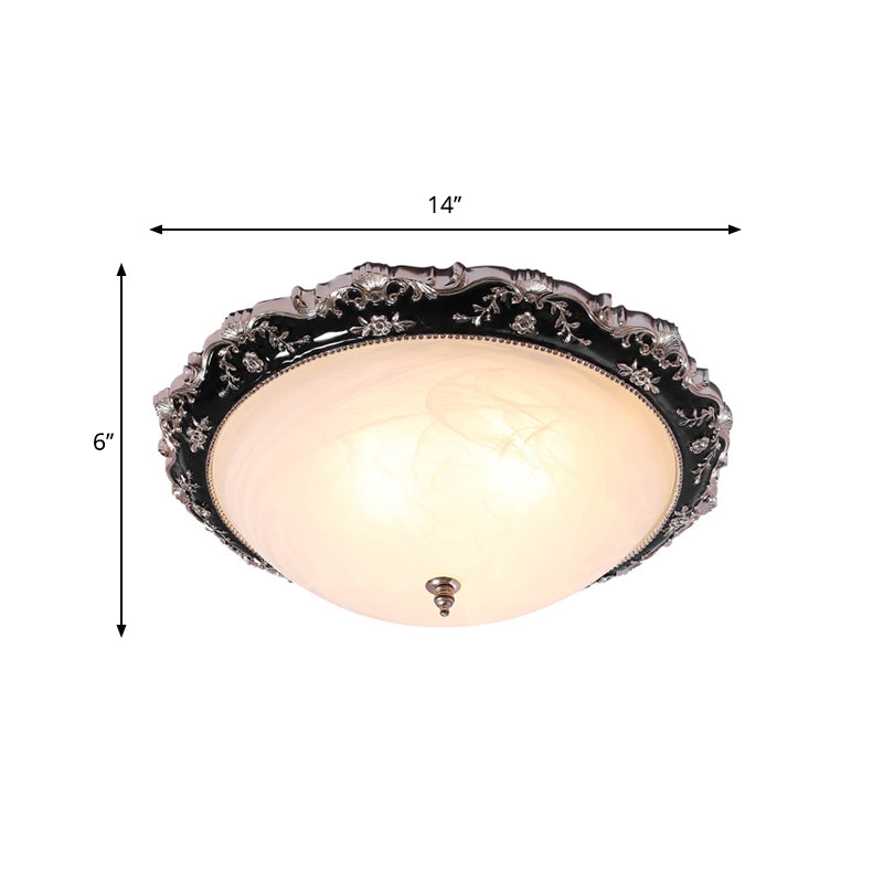 Opal Glass Bowl Ceiling Light Fixture Countryside Flush Mount Lighting In Black/Gold - 1/2-Bulb