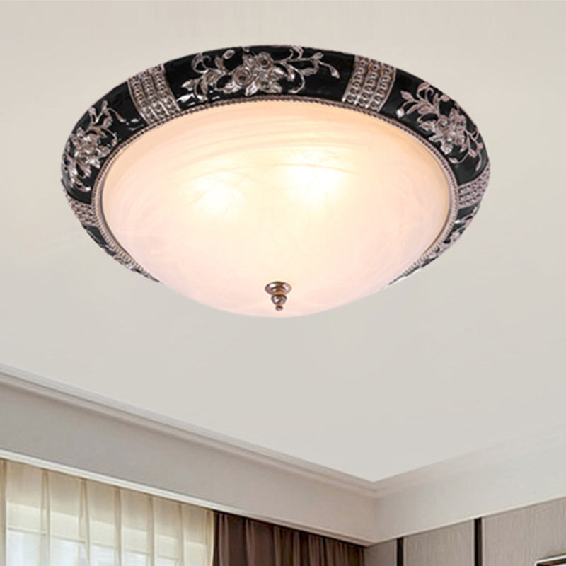 Black-Gold Semi-Orb Flush Mount Lamp With Satin Glass Shade For Hallway / 14