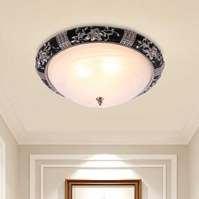 Black-Gold Semi-Orb Flush Mount Lamp With Satin Glass Shade For Hallway