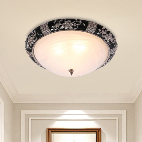 Black-Gold Semi-Orb Flush Mount Lamp With Satin Glass Shade For Hallway