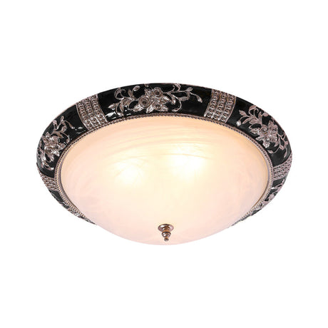 Black-Gold Semi-Orb Flush Mount Lamp With Satin Glass Shade For Hallway